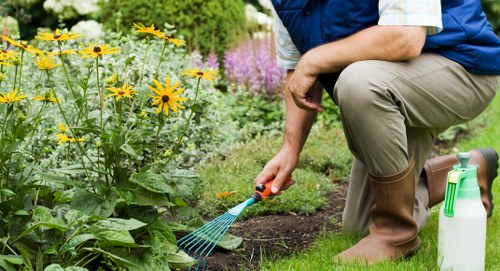 Worker wearing PPE operating garden machinery